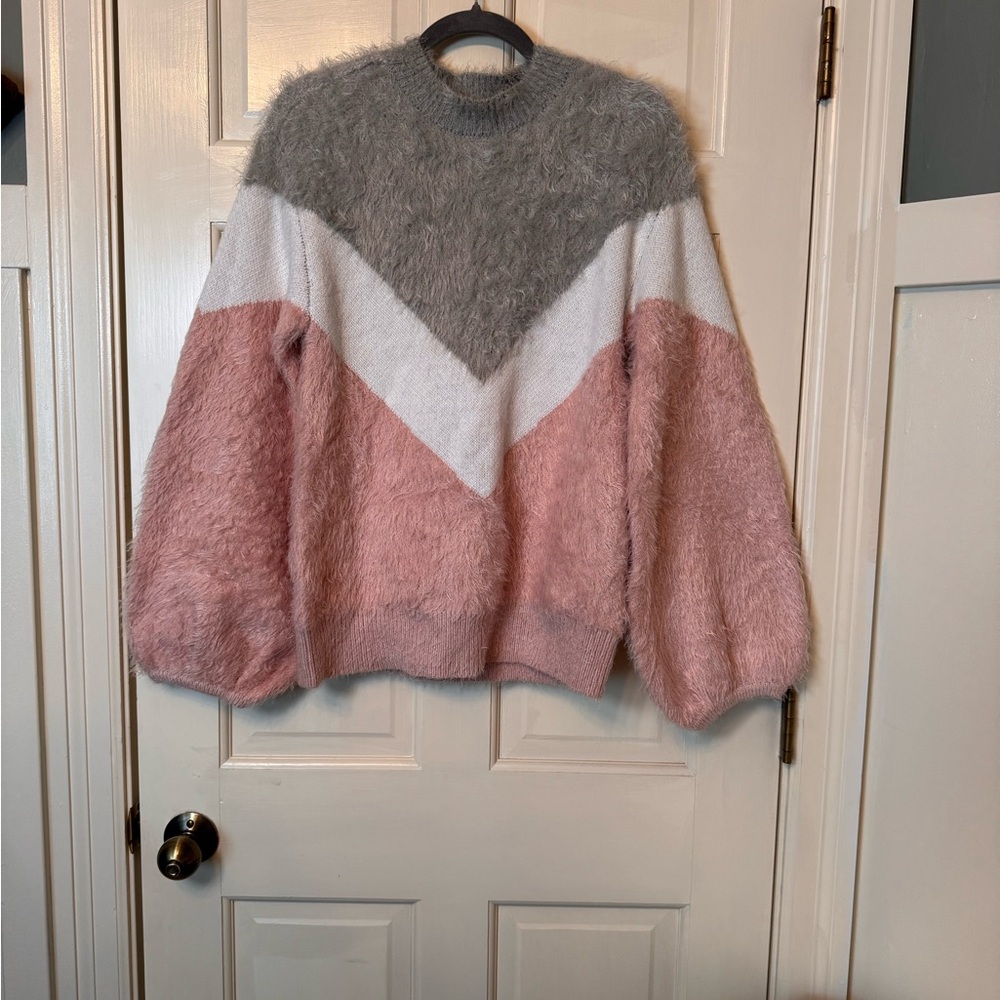 Sugar + Lips Fuzzy Chevron Sweater | Size M | Gray, White, & Pink - Picture 2 of 5